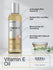 Bottle of vitamin E oil with text highlighting its benefits and ingredients.