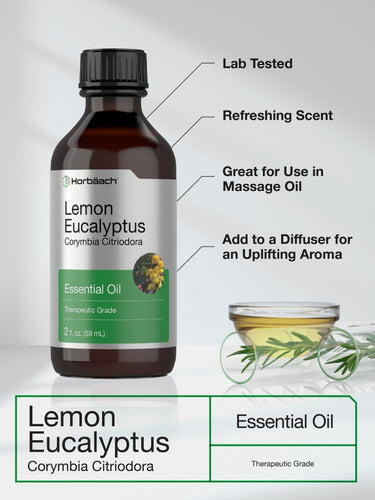 View 3 Bottle of Lemon Eucalyptus essential oil with usage instructions on a light gray background