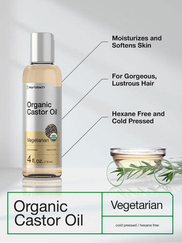 View 3 Bottle of Organic Castor Oil with text highlighting benefits on a light gray background