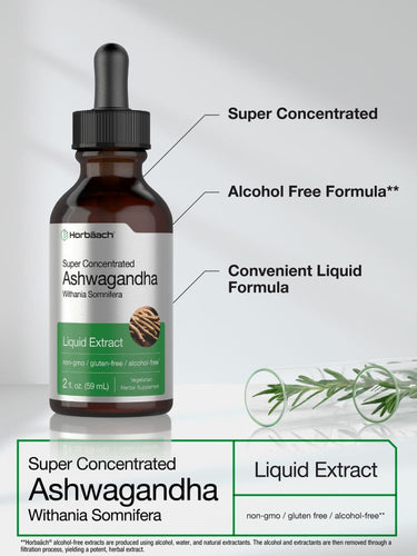 Bottle of super concentrated ashwagandha liquid extract with text on a neutral background.