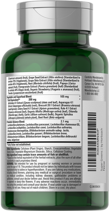 View 3 Supplement Facts panel for Super Greens + Probiotics, displayed on a 120-tablet bottle.