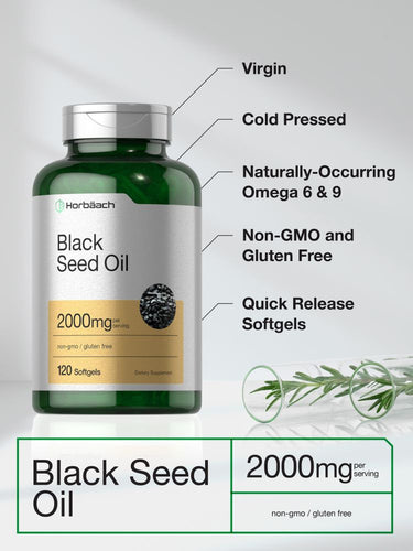 Green bottle of black seed oil with text highlighting properties on a white background.