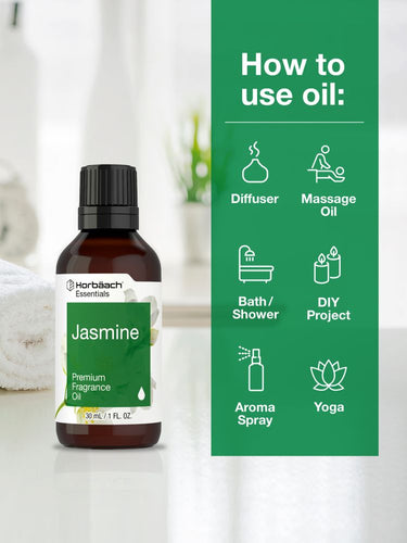 View 3 Bottle of Jasmine fragrance oil with usage instructions on a white background