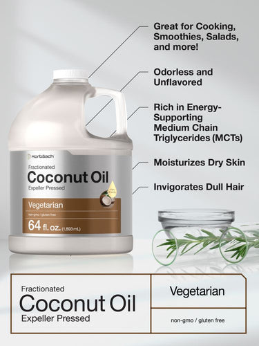 Coconut oil container with text highlighting its uses and benefits.