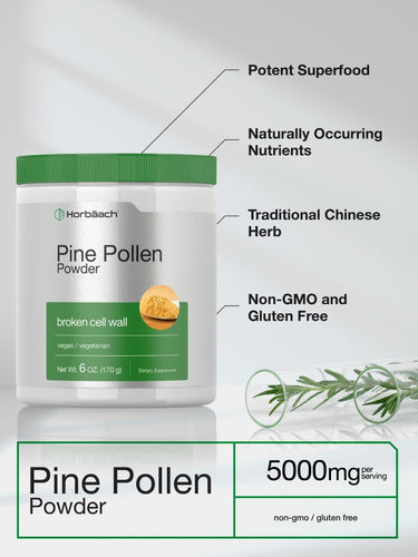 Hortbaech Pine Pollen Powder container with product details on a light gray background