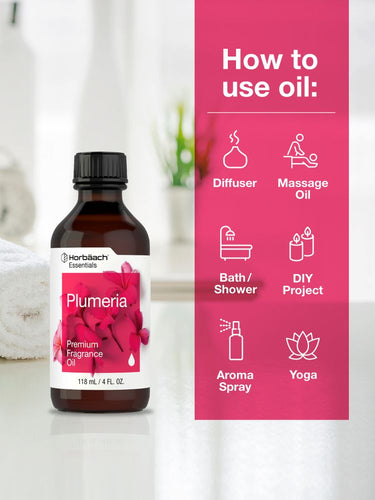 View 3 Plumeria fragrance oil bottle with usage instructions on a pink background