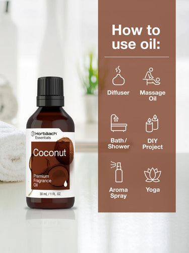 Coconut fragrance oil bottle with usage instructions on a blurred background