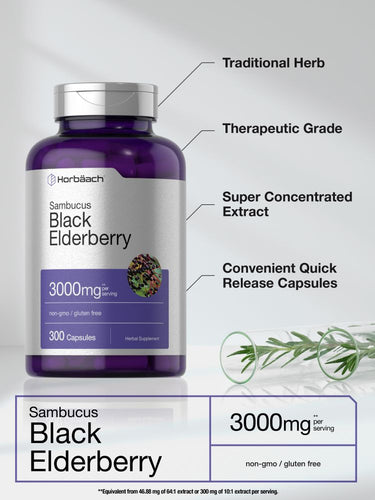 View 3 Bottle of Sambucus Black Elderberry capsules with text highlighting features.