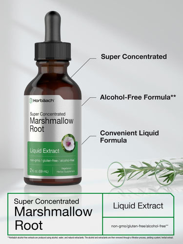 View 3 Bottle of marshmallow root liquid extract with label details on a neutral background.
