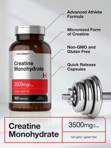 View 3 Creatine monohydrate supplement bottle with gym equipment and text on a gray background