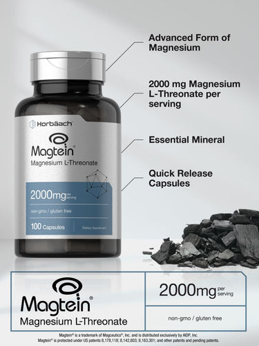 Bottle of magnesium supplement with text highlighting its features on a white background.