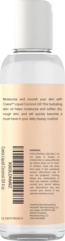 Coera Liquid Coconut Oil bottle with label and barcode