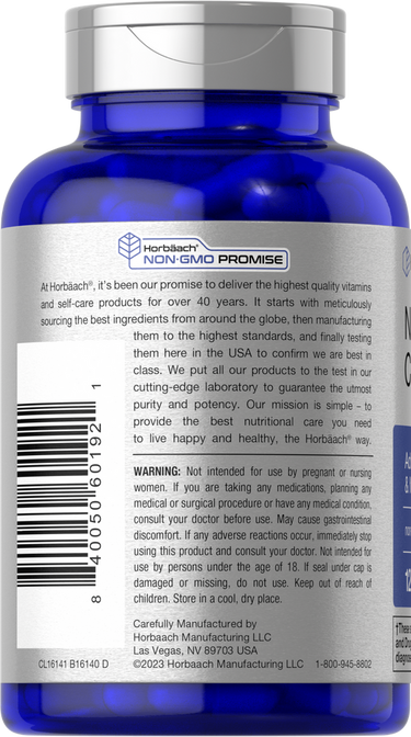 View 3 Blue supplement bottle with silver cap and label on a white background