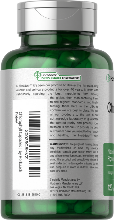 Green dietary supplement bottle with label