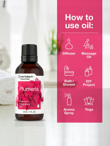 View 3 Bottle of plumaria fragrance oil with usage instructions on a pink background.