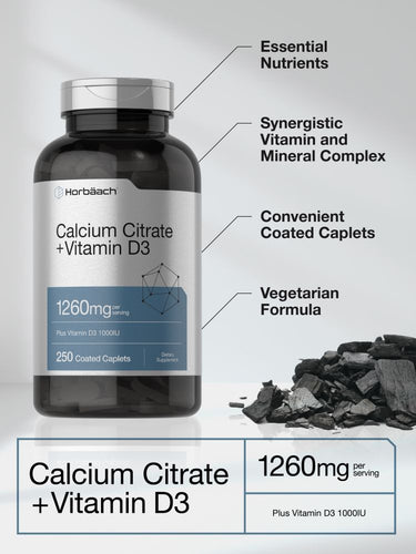 HortaBach Calcium Citrate + Vitamin D3 supplement bottle with text highlighting key features on a light gray background.