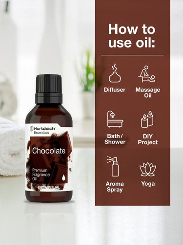 View 3 Bottle of chocolate fragrance oil with usage instructions on a brown background.