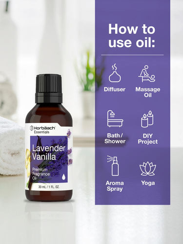 Bottle of lavender vanilla fragrance oil with usage instructions on a purple background.