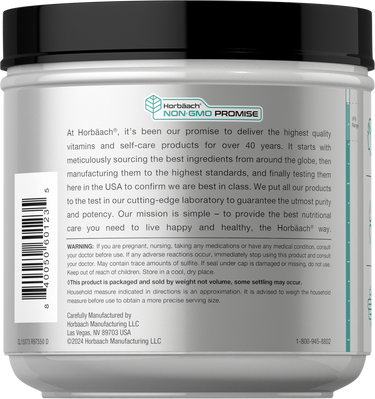 Back of a supplement container with text and branding