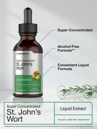Bottle of St. John's Wort liquid extract with text highlighting features on a light gray background.