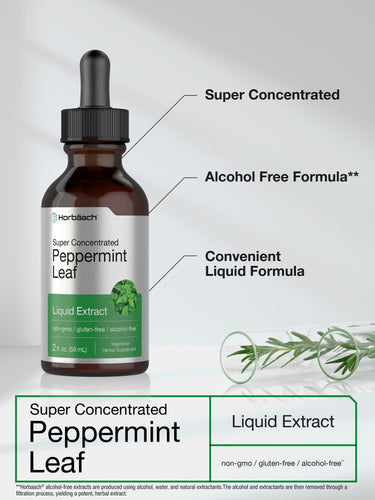 Bottle of Harbaech Super Concentrated Peppermint Leaf Liquid Extract with text highlighting features on a light gray background.