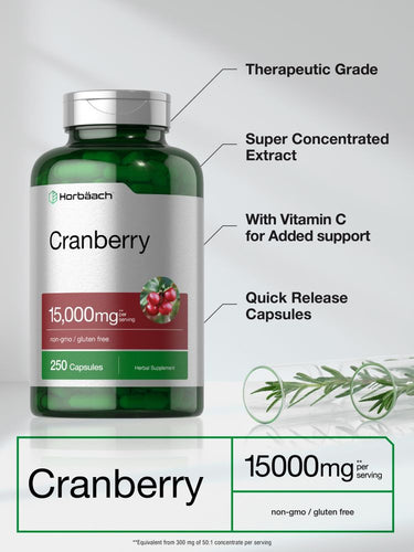 View 3 Cranberry supplement bottle with text highlighting features on a white background.
