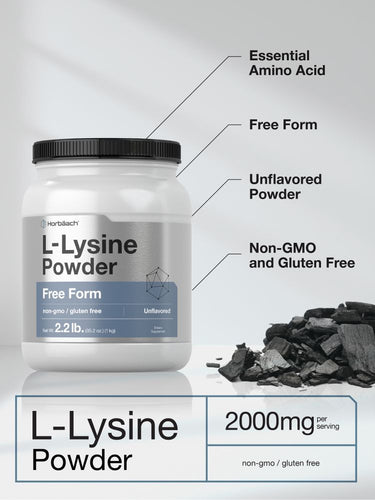Container of L-Lysine powder with text highlighting its properties.