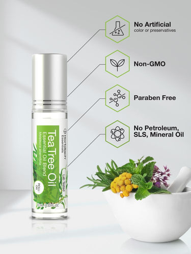 View 4 Tea tree oil bottle with natural ingredients and certification icons on a white background