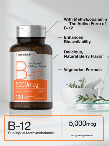B-12 supplement bottle with text highlighting features on a white background.
