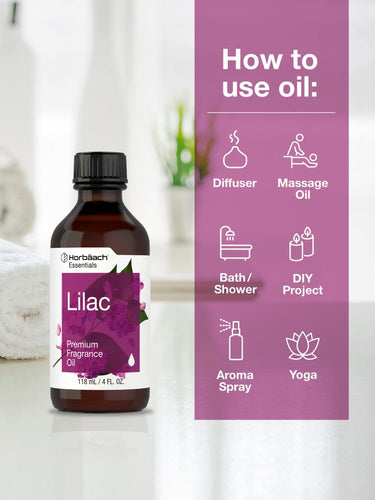 View 3 Bottle of lilac fragrance oil with usage instructions on a purple background.