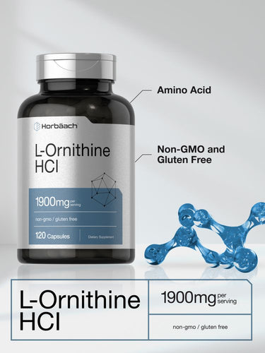 Bottle of L-Ornithine HCl supplement with molecular structure illustration on a light gray background