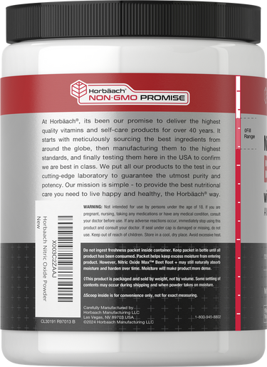 View 3 White supplement container with black lid and red label on a white background