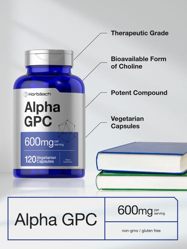 View 3 Bottle of Alpha GPC supplement with text highlighting its features on a gray background
