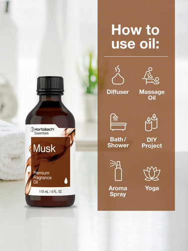 View 3 Bottle of Musk fragrance oil with usage instructions on a blurred background