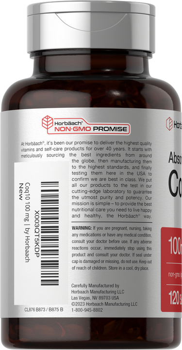 Bottle of Absorbable CoQ10 100mg with label details.