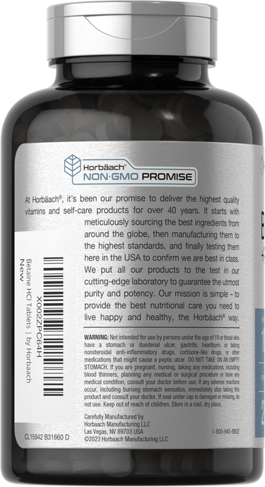 Nutritional supplement bottle with label showing branding and promise.