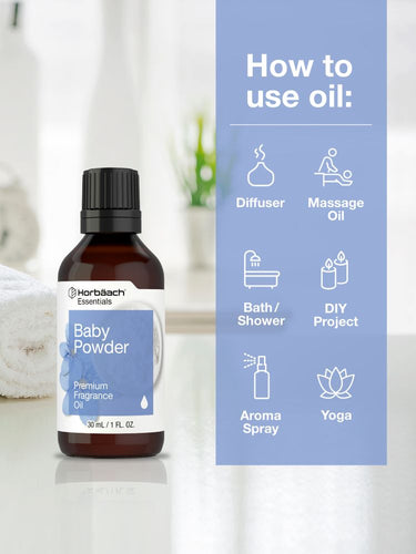 View 3 Herb Bach Baby Powder oil bottle with usage instructions on a blurred background