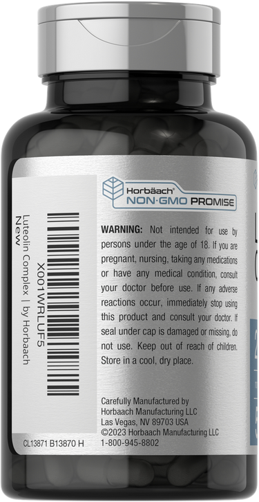 Bottle of vitamins with label showing branding and warning