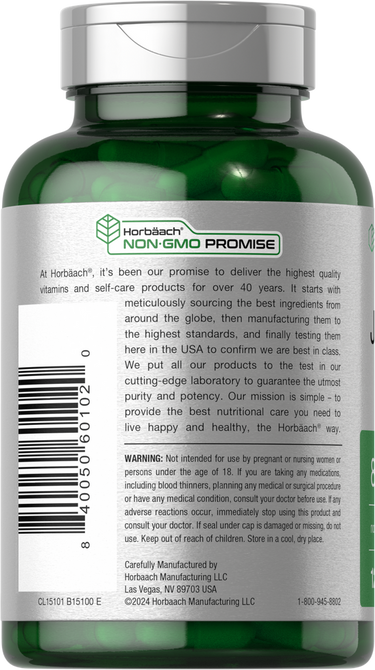 Green dietary supplement bottle with label