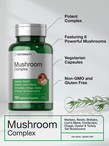 Green bottle of mushroom complex supplement with text highlighting features.