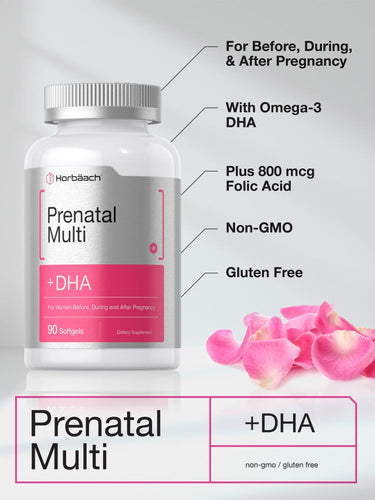 View 3 Prenatal multivitamin supplement bottle with pink label and孕期多维矿物质 supplement text.