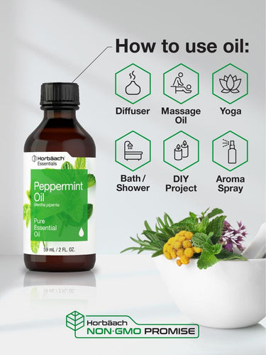 View 3 Horbach peppermint essential oil bottle with usage instructions on a white background