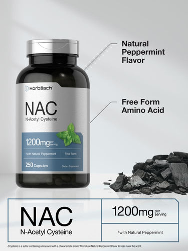 Bottle of NAC supplement with label details and peppermint flavor indication.