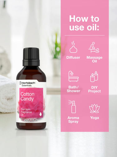Fragrance oil bottle with usage instructions on a pink background