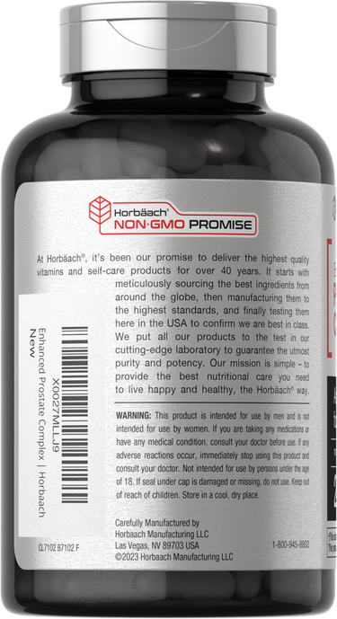 Nutritional supplement bottle with label showing branding and text.