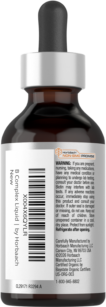 View 3 Hand holding a CL 8-in-1 B-Complex Liquid 2 oz bottle, demonstrating its compact size on a bulk scale.