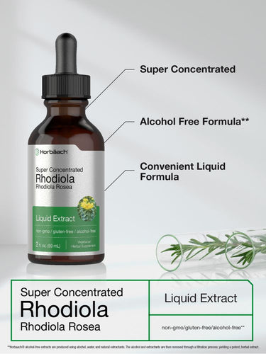 Bottle of Harb meilleure Super Concentrated Rhodiola with text highlighting features on a light gray background.