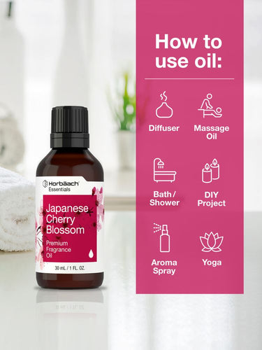HortBach Essentials Japanese Cherry Blossom fragrance oil bottle with usage instructions on a pink background