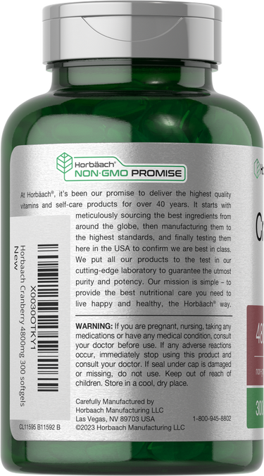 Green supplement bottle with label showing branding and warning text.