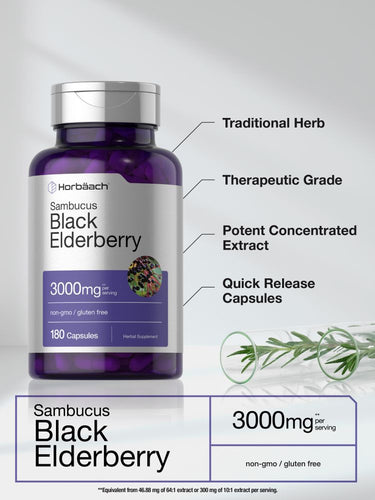 Bottle of Sambucus Black Elderberry capsules with text highlighting features.